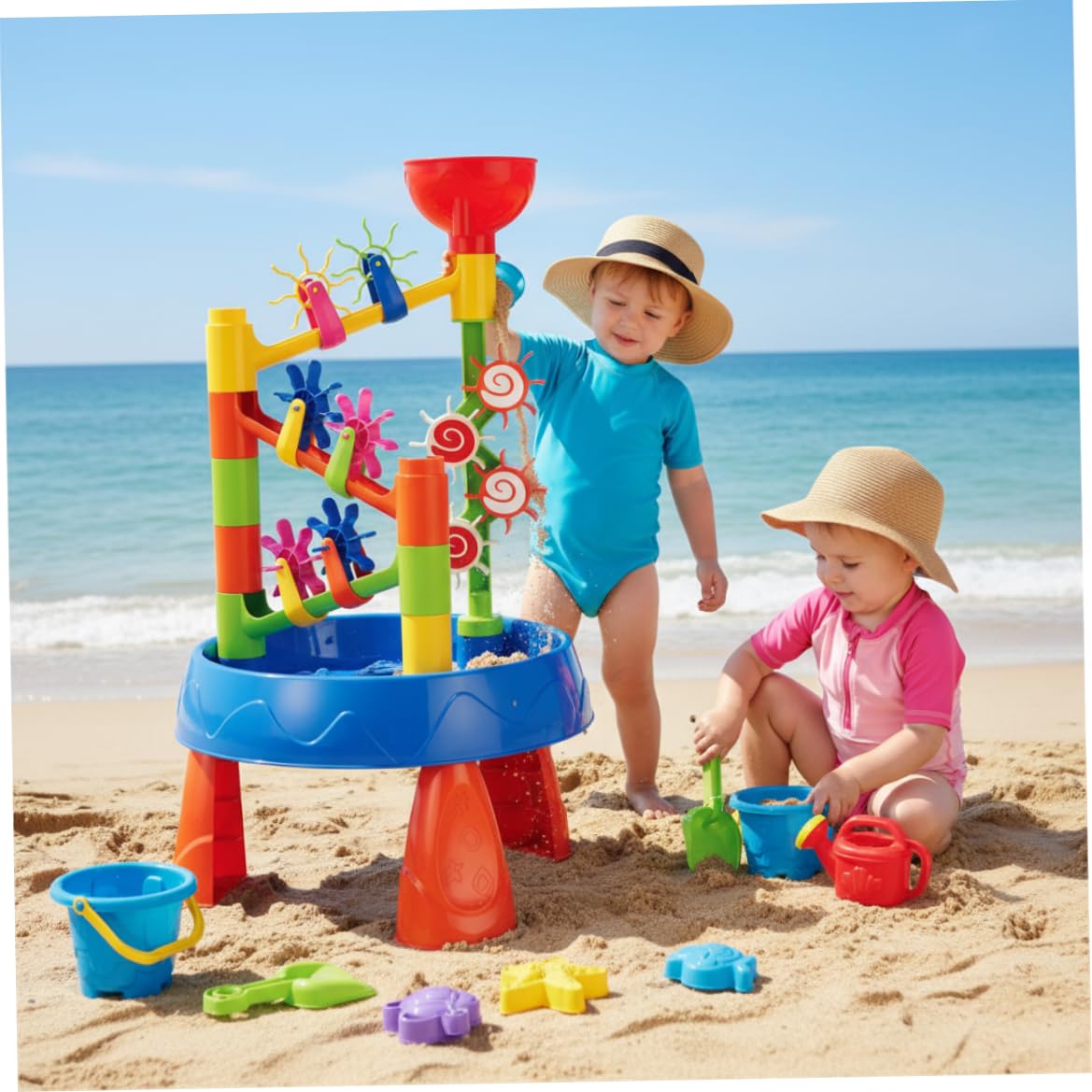 Sand-Wassertische, Baby-Wassertisch, Kindertisch zum Spielen im Freien – 32-teiliges Sand- und Spielzeug-Set für Kleinkinder mit Rad, Eimer, Schaufel für Kinder im Alter von 1–8 Jahren, Sommer, Stran