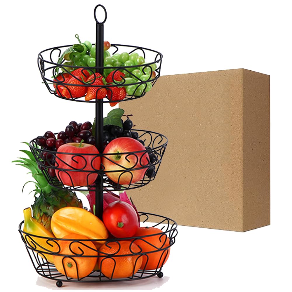 Cesta de Fruta de Metal de 3 Niveles, Cesta de frutas para encimera de cocina frutero desmontable para mostrador de cocina - Mantenga la aireación frutas y verduras, soporte de frutas gran capacidad
