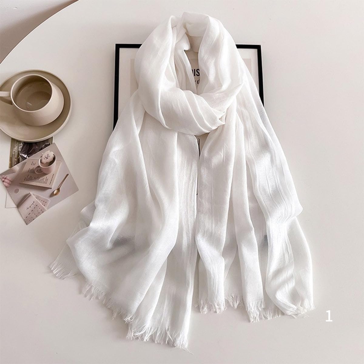 Solid color cotton and linen scarf, wrinkled all season versatile long sunscreen fashionable shawl - Image 2