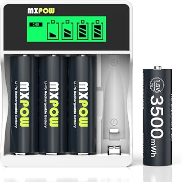 4 x Rechargeable AA Batteries with Charger, Lithium, 3400mWh