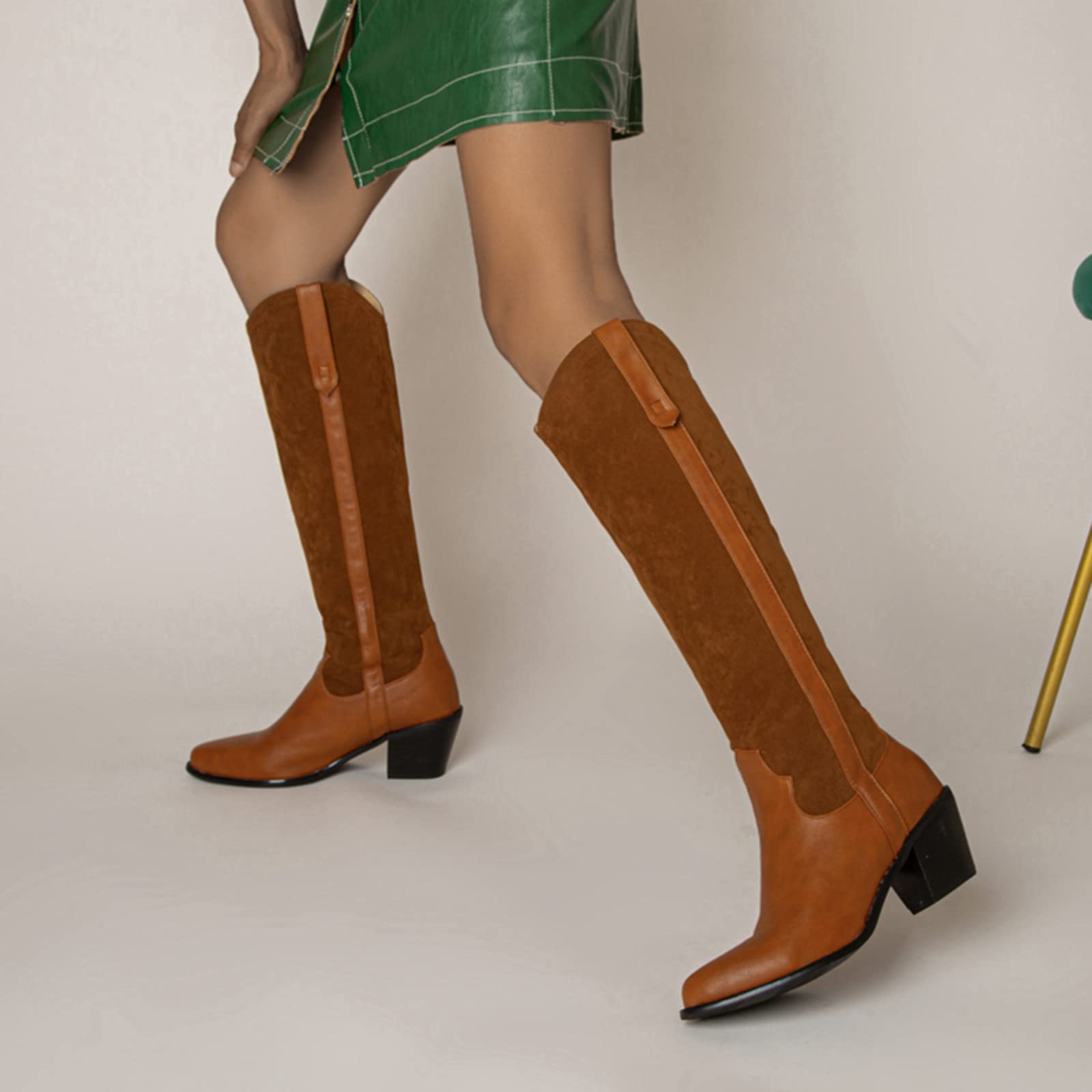 CUTEHEELS Damskie buty typu casual Slip-on Western do kolan wysokie buty z chunky obcasem i szpiczastym noskiem, żółty1, 43 EU