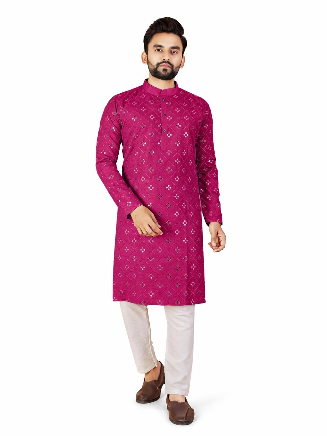 Men’s Mirror Work Kurta Pajama Set Cotton Blend Ethnic Wear for Men Knee Length Kurta with Pajama Mandarin Collar Full Sleeve Embroidered Festive Wedding Party-image-19