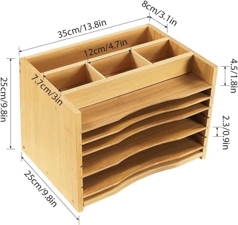 WKWKER 5-Tiers Bamboo File Organizer Paper Organizer Mail Sorter Document Letter Trays Desk Organizer with 4 Dividers for Office Home Study Desk Storage (Natural Color)