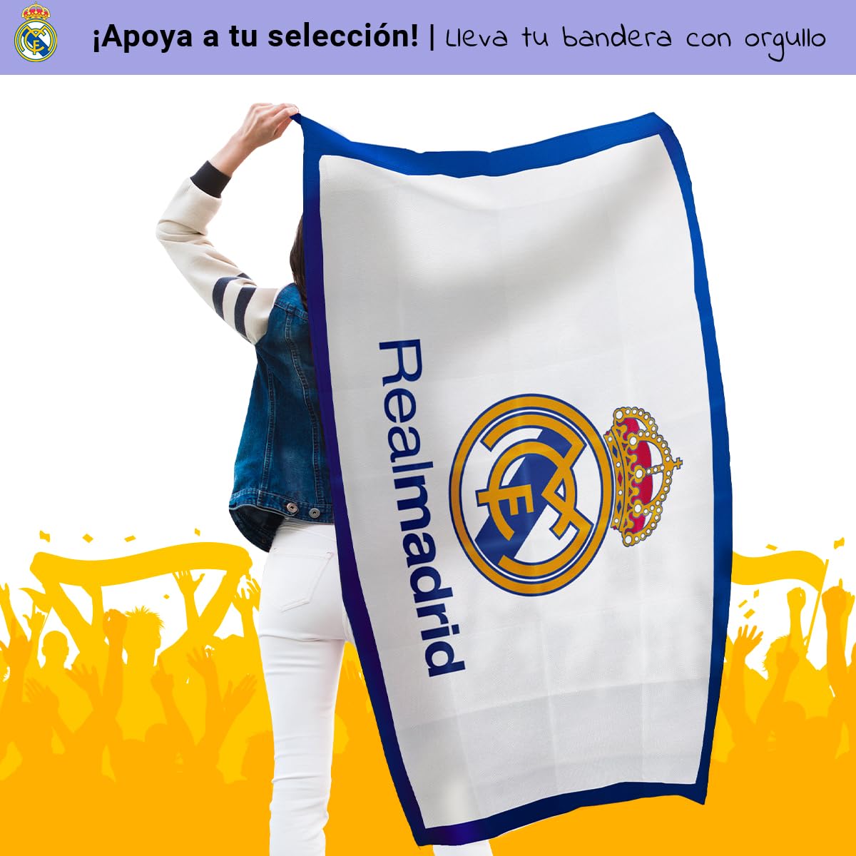 Bandera oficial del Real Madrid Club de Fútbol | 150 x 100 cm - Bordes Azules con escudo en el centro | Producto Oficial