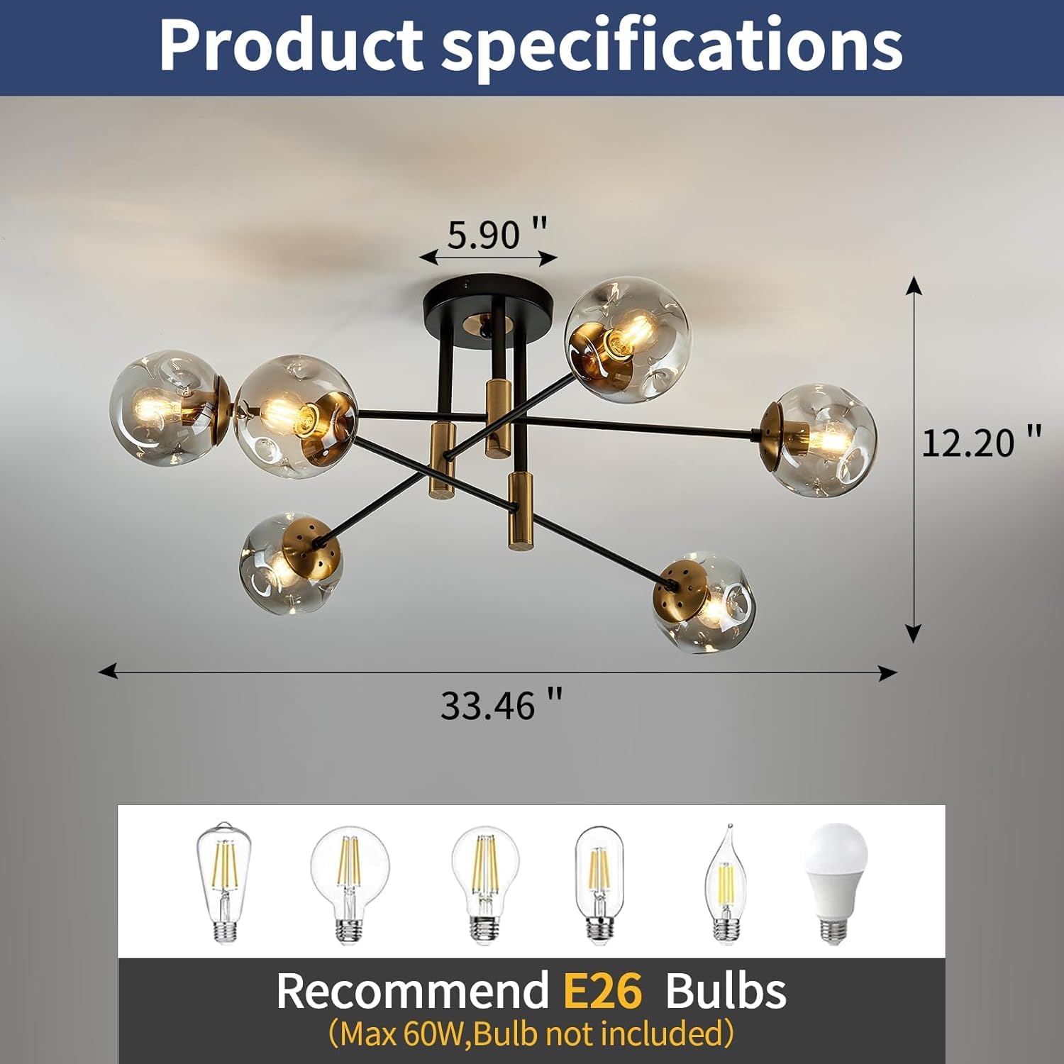 6-Light Glass Globe Sputnik Light Fixture Modern Matte Black and Gold Chandelier Semi Flush Mount Ceiling lamp for Living Room Kitchen Dining Room Farmhouse Bedroom