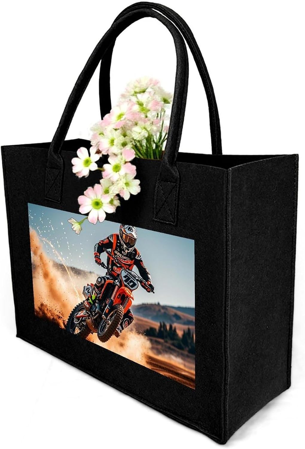 Sports Motorcycle Tote Bag for Unisex, Large Felt Shopping Bag with Handles, Handbag, Reusable Gift Bag