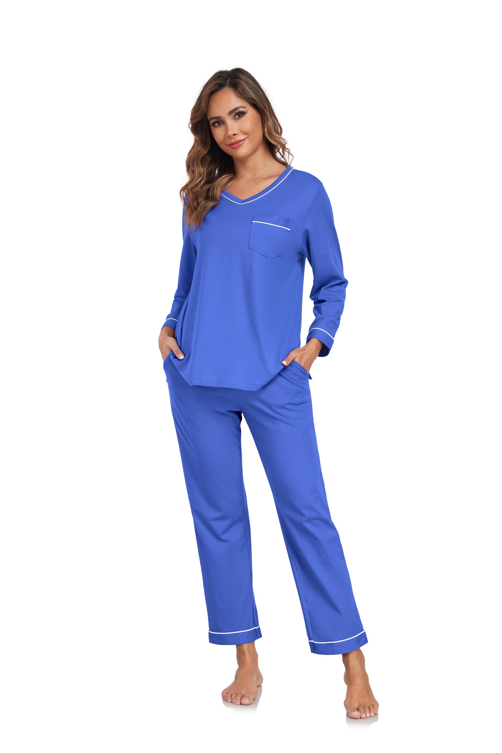EA'S SECRET Schlafanzug Damen Lang 100% Baumwolle Langarm Pyjama Sets V-Ausschnitt Zweiteiliger Nachtwäsche Hausanzug