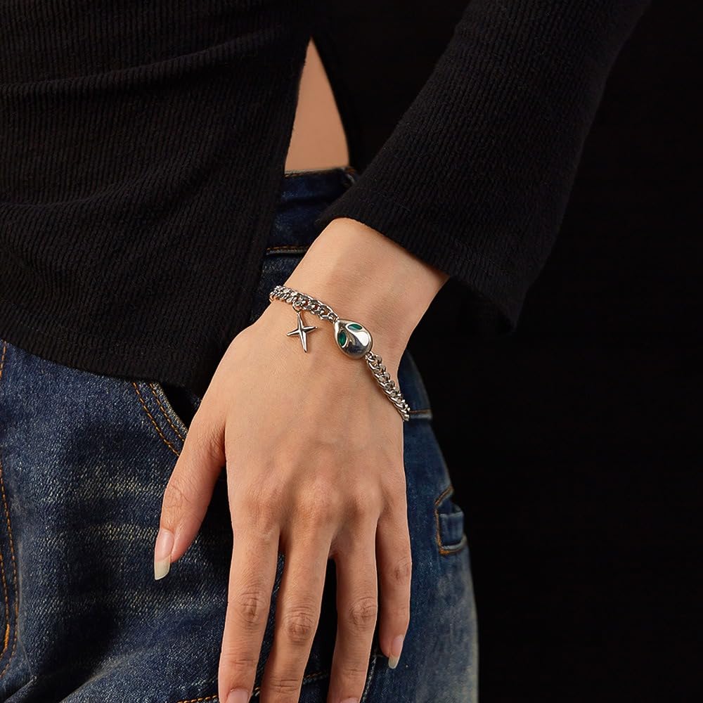 Pulsera de acero inoxidable con dije de cruz de alienígena, pulsera de cadena de eslabones cubanos para hombres y mujeres, con caja de regalo, Grande, Acero inoxidable, No es una piedra preciosa 2