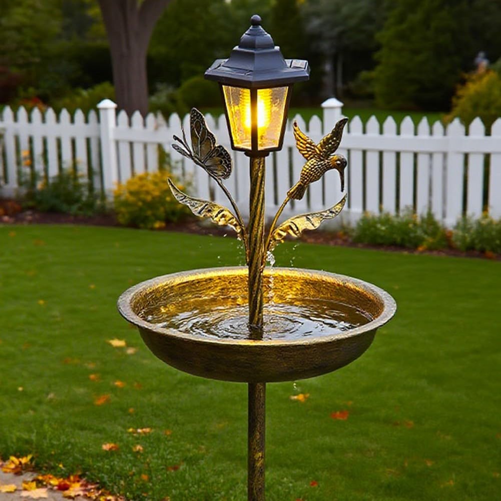 Mangiatoia solare per uccelli e vasca da bagno, con luce automatica, in metallo robusto, decorazione da giardino, per cortile, fauna selvatica, finitura marrone, altezza 104 cm (antico)