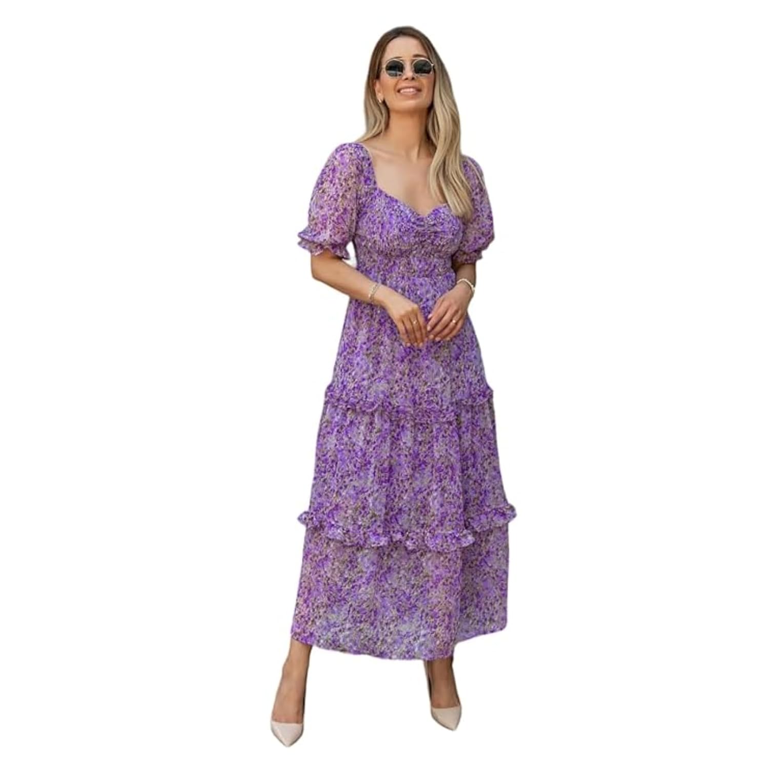 Sheetal Associates Women’s Floral Puff Sleeve High Waist A Line Flowy Long Dress