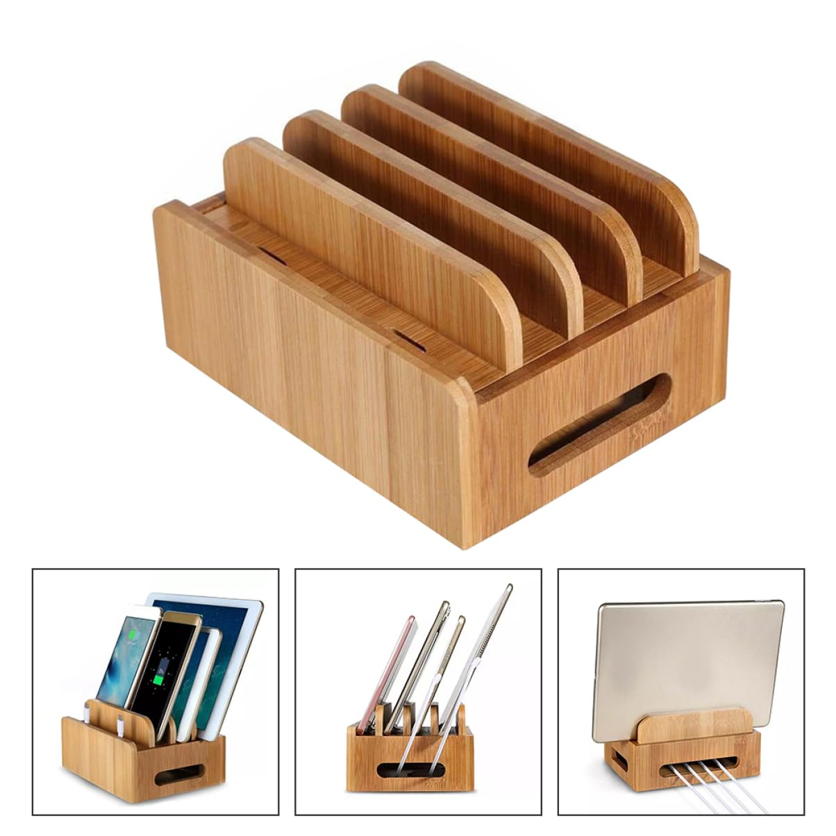 Hemobllo Supporto Per Caricabatterie Usb in Legno Per Dispositivi, Organizzatore Da Tavolo Con Scomparti Per Smartphone e Tablet, Stazione Di Ricarica Ordinata Per Scrivania Pulita
