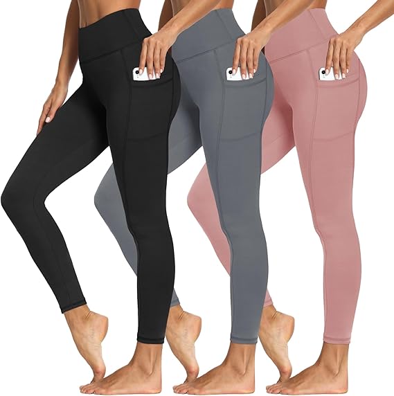 3 Packs Leggings with Pockets for Women, Soft High Waisted Tummy Control Workout Yoga Pants