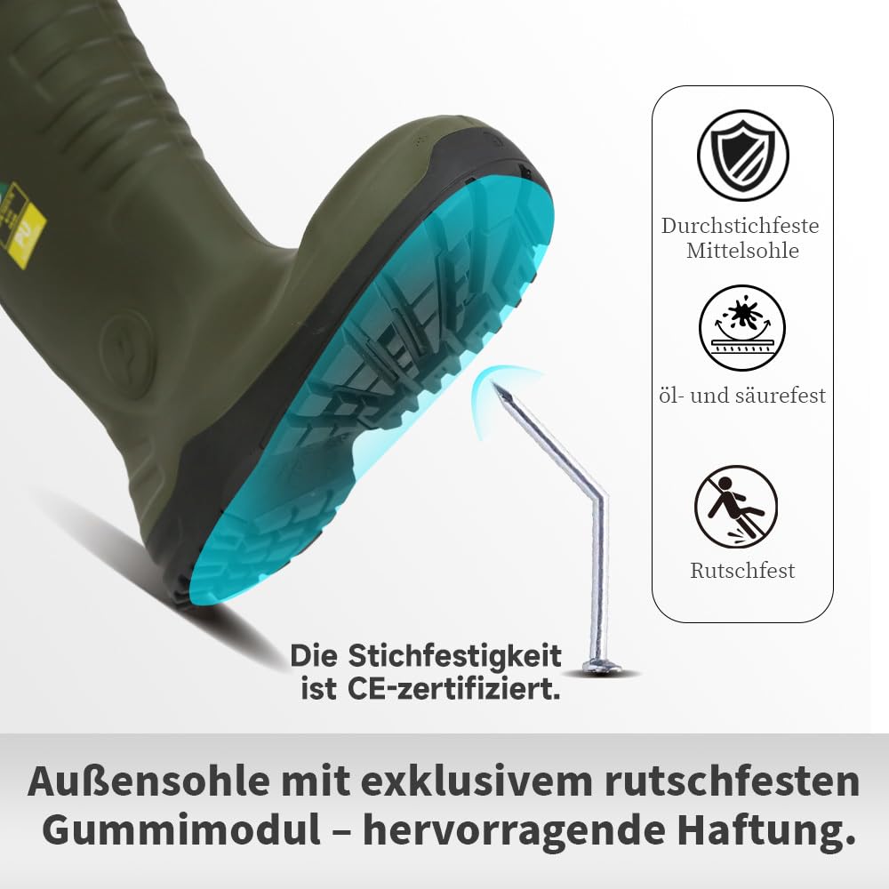 S5 Męskie buty ochronne – gumowe buty poliuretanowe ze stalowym noskiem i ochroną przed przebiciem, odporne na kwasy i oleje, wodoodporne, antypoślizgowe, do budownictwa i rolnictwa, CE