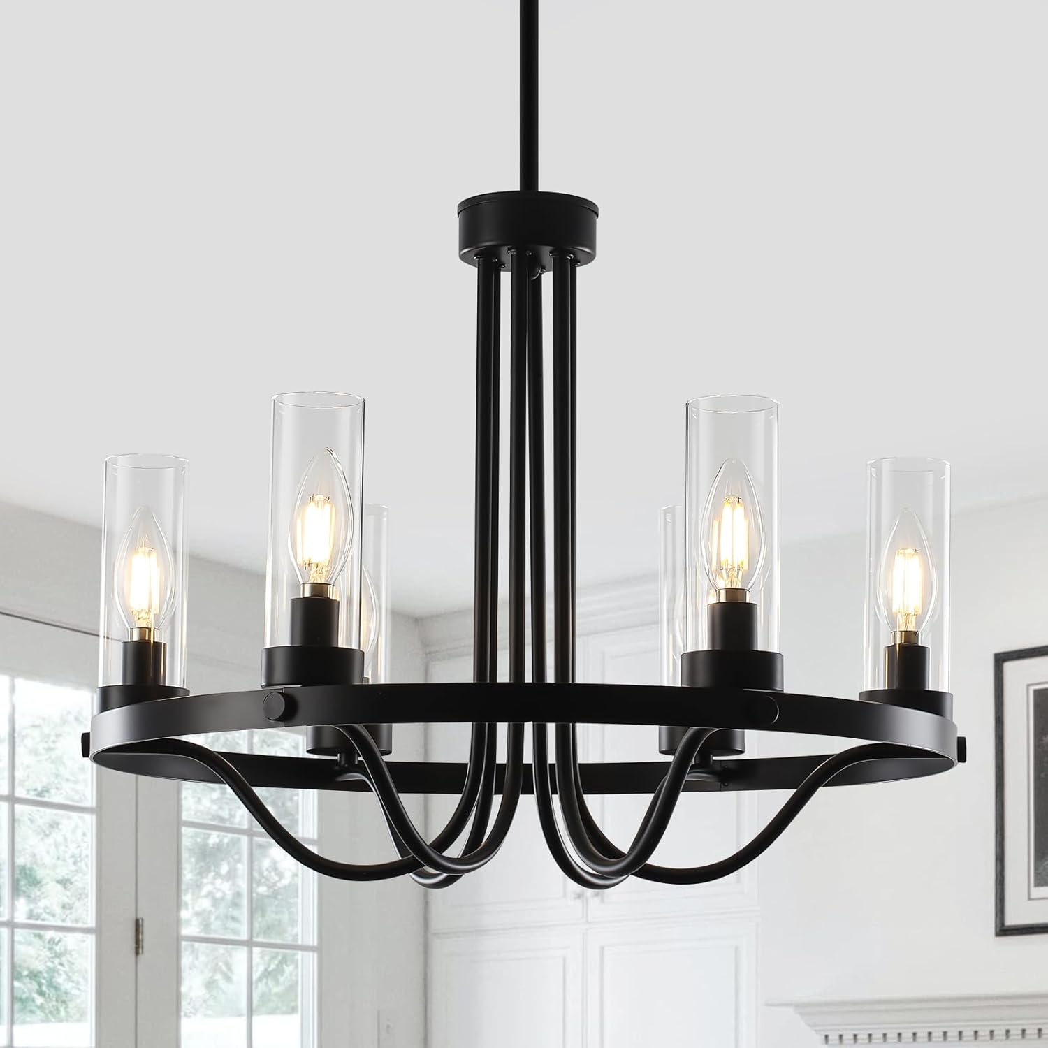 6 Light Farmhouse Chandeliers, 19.6” Black Chandelier for Dining Room Light Fixtures Over Table with Clear Seeded Glass Shades for Dining Room Kitchen Entryway,E12 Base (Not Included Blub, SIMILAR TO STOCK PHOTOS, NOT EXACT