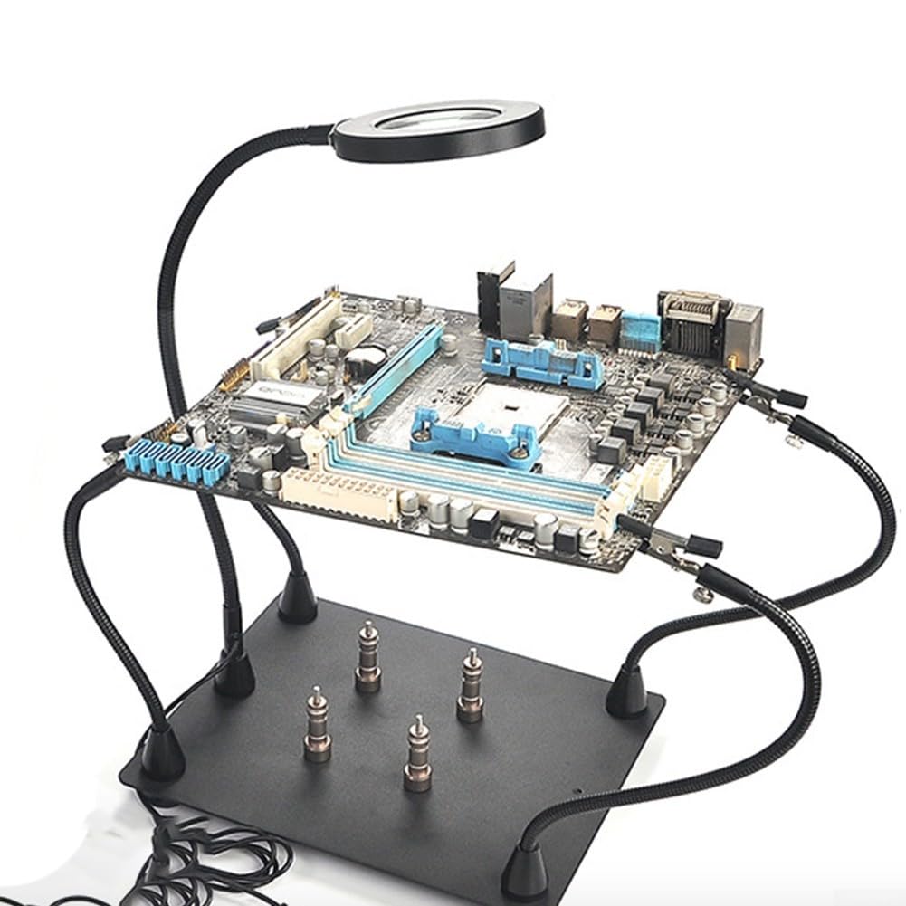 Supporto per saldatura Rotabile a 360 ° Pcb Stazione di lavoro di riparazione con lente d'ingrandimento Robusto telaio in metallo Cinque bracci flessibili Doppia modalità Led Luce USB Alimentato per