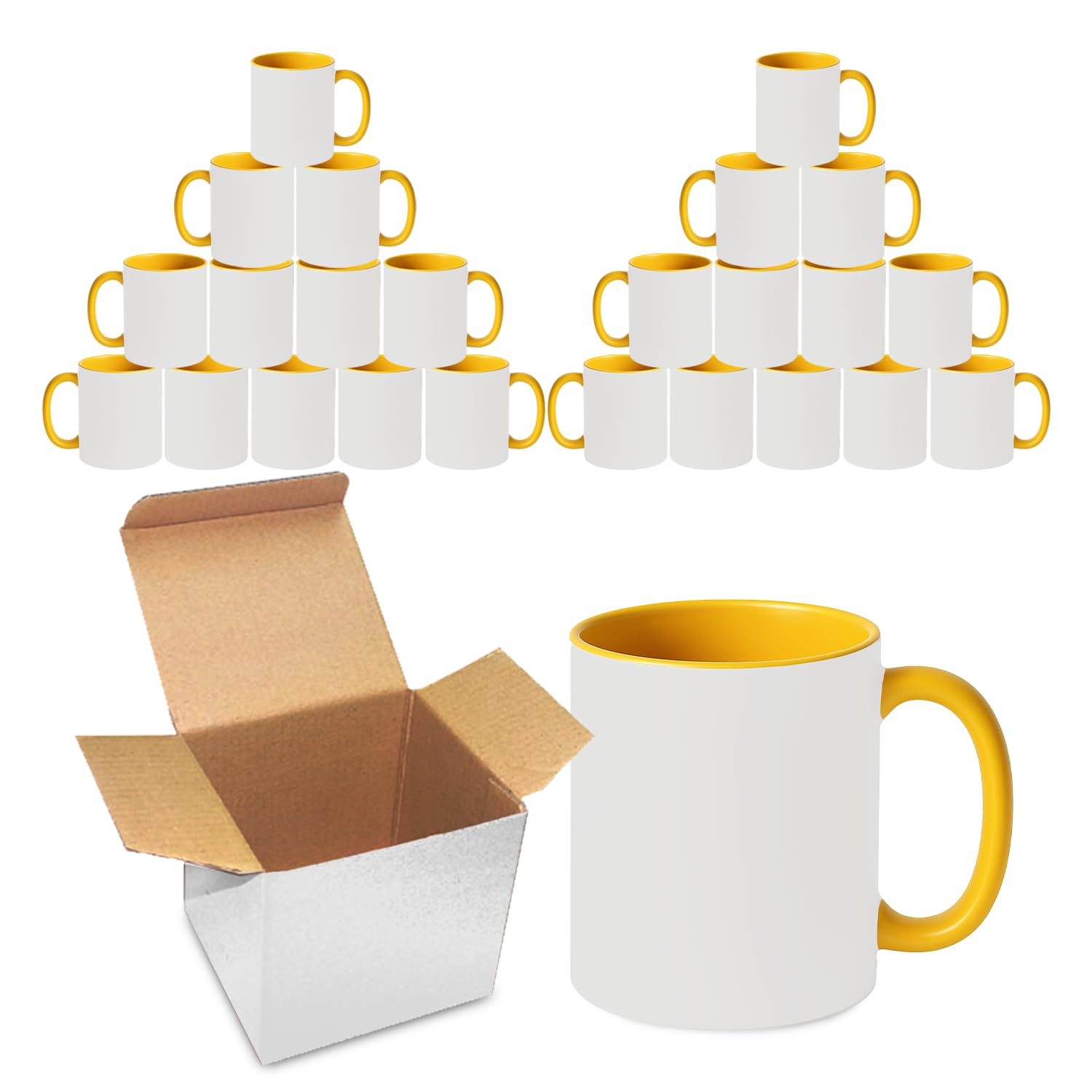 Sublimation Mugs 11oz Blank with Coloured Large Handle & Inner with Box | Durable, Ceramic Orca Finished Mugs Perfect for Custom & DIY Printing, for Loved Ones | Yellow Bulk Pack of 24