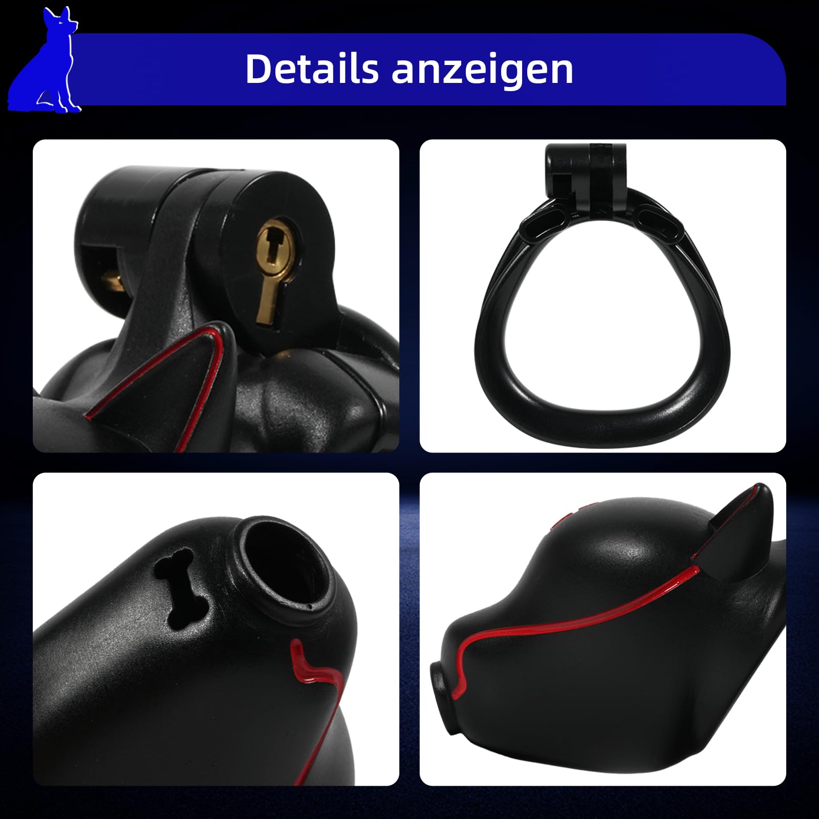 Cage de Chasteté pour Pénis à Tête de Chien Sex Toýs Homme Cage Chastetée avec 4 Anneaux Larges Chastity Cage avec Serrure Cachée et 2 Clés Ceinture de Chasteté pour le Bondage du Pénis (Black,B)