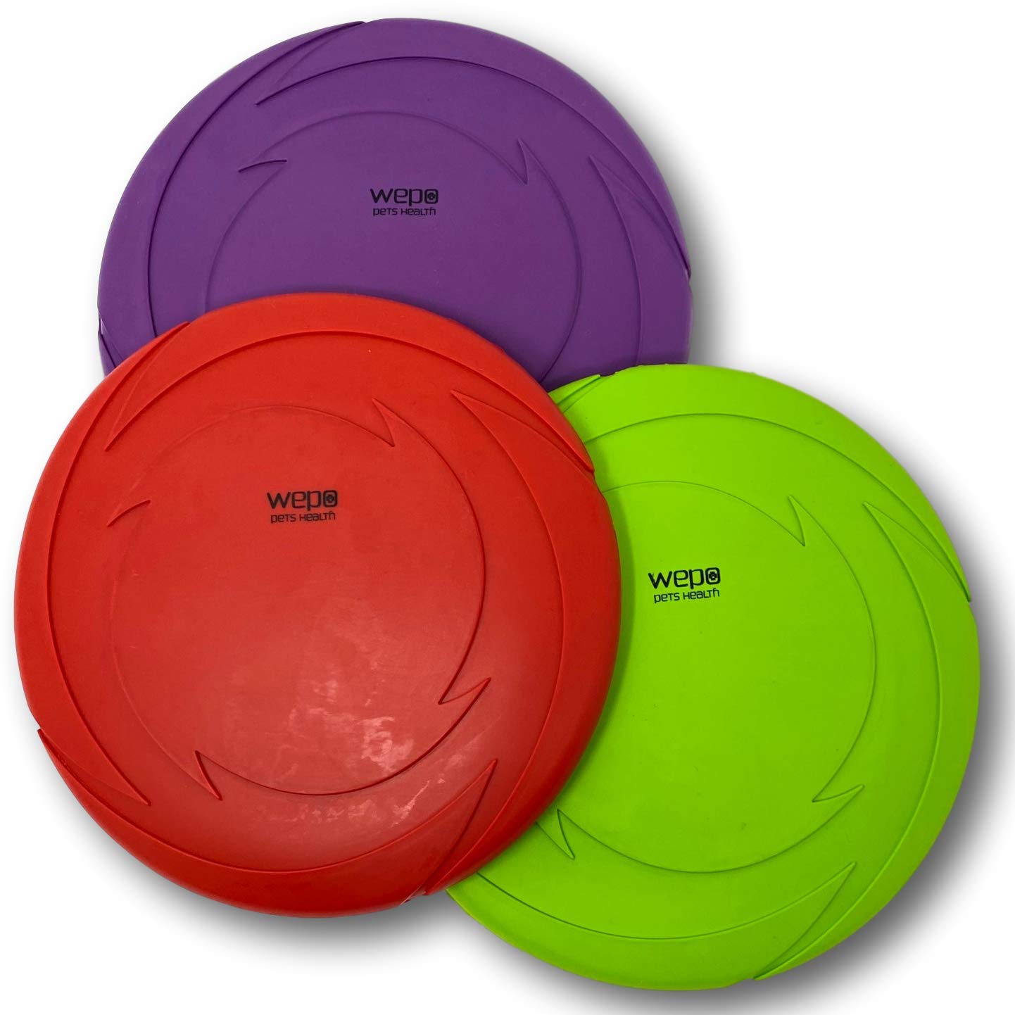 WEPO Frisbee - Juego de 3 juguetes de agua para perros de 18 cm de diámetro, juguete para perros grandes, juguete de entrenamiento para perros en rojo/morado/verde - para lanzar, jugar y entrenar en