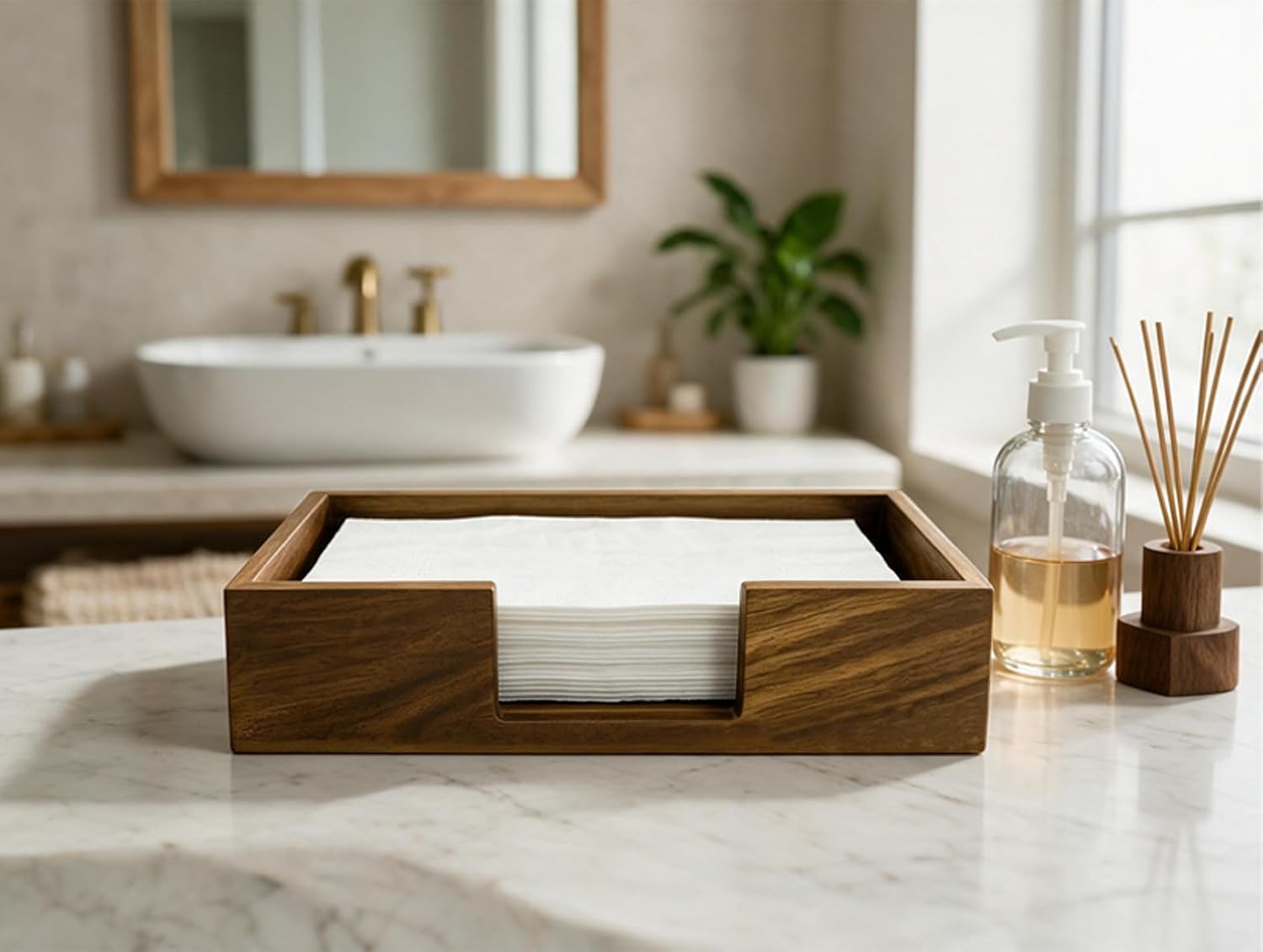 Acacia Wood Napkin Holder for Bathroom Paper Hand Guest Towels Holder Tray image 2