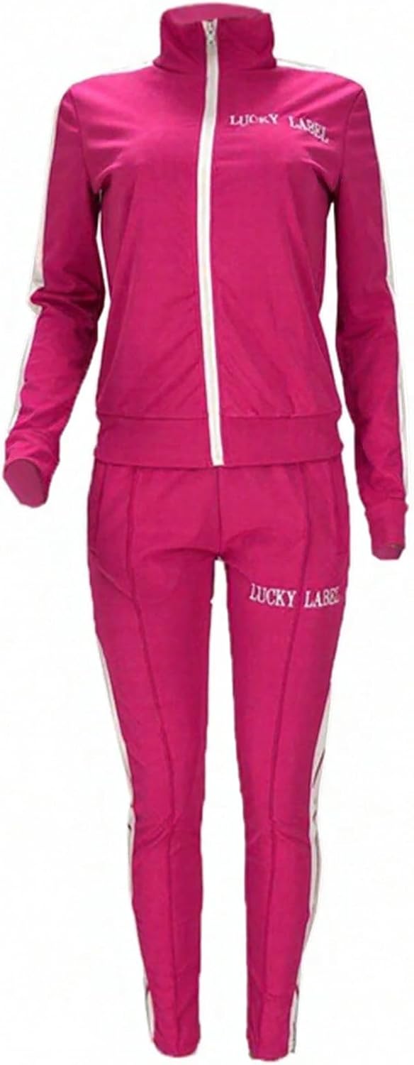 Women's 2 Piece Track Suits with Pockets,Full Zip Striped Sweatsuits Set,Jogging Sets Activewear with Jogger Pants,Rose Red XXL