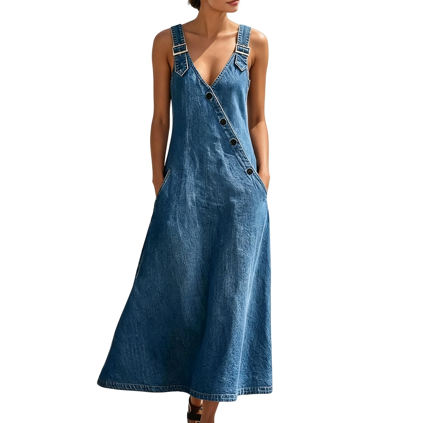 Vestido vaquero para mujer, largo, sin mangas, vaquero con cuello en V, vestido informal con botones, vestido de verano, ligero y aireado, vestido de playa, vestido de verano, vestido