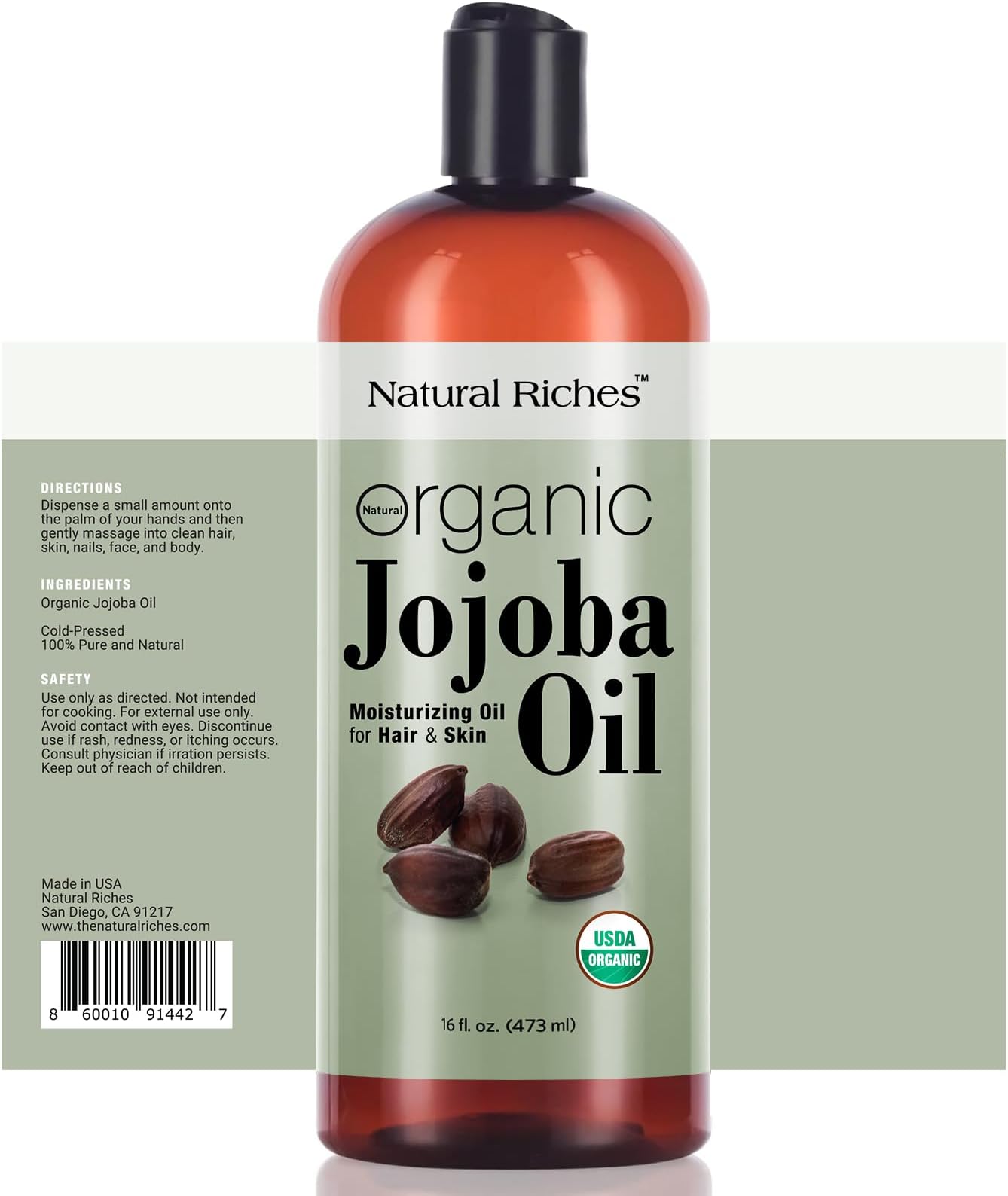 Natural Riches Organic Jojoba Oil, Pure (16 oz) | Moisturizing Oil for Face, Hair, Skin & Nails Cold Pressed Hexane Free Base Carrier oil.
