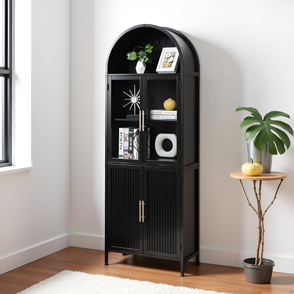 HUSHEDIFY Arched Bookcase Book Shelf with Glass Doors, 5 Tier Tall Display Bookshelf Cabinet with Storage, Industrial Floor Standing Bookshelves Open bookcases for Home Office, Living Room(Black)