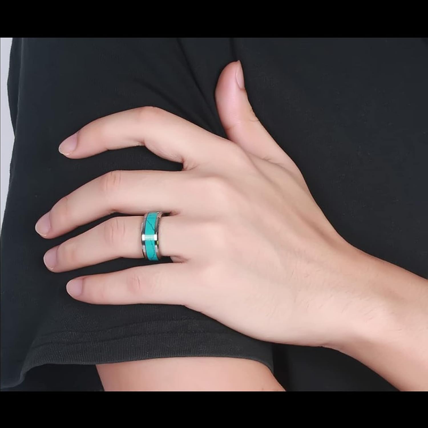 Promise Ring Matching, Tungsten Ring for Men 8mm Silver Ring Inlay Turquoise Wedding Gifts for Boyfriend