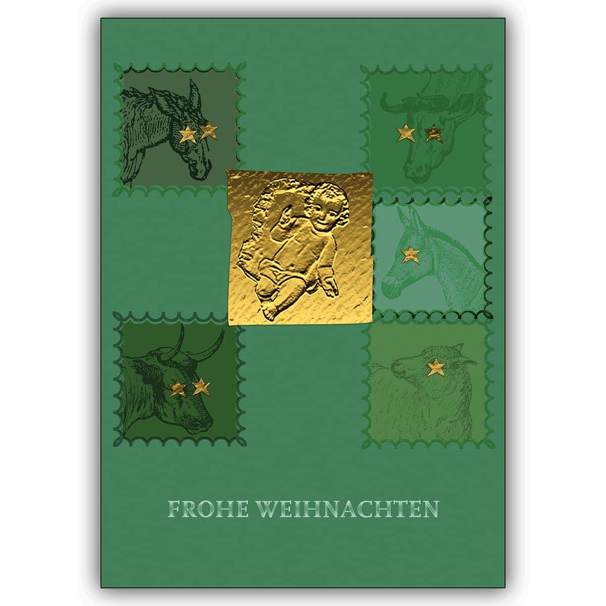 20 Stück Klassische Weihnachtskarten Set mit Umschlag mit Tieren, grün, Innendruck personalisierbar (Var5) geschäftlich & privat: Frohe Weihnachten