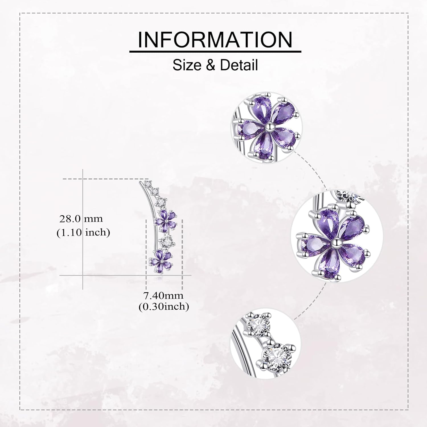 Flower Ear Climbers 925 Sterling Silver Purple Orchid Ear Ccrawler Clip on Earrings Non Piercing Cartilage Jewelry for Women
