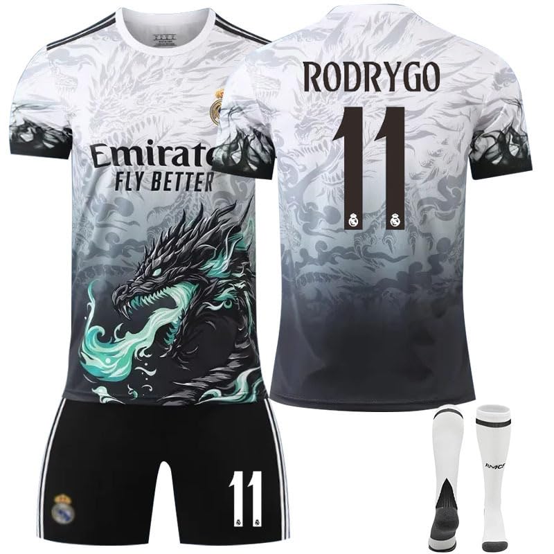 Madrid 24/25 Season RODRYGO # 11 Black White Dragon Pattern Limited Edition Replica Jersey Kit with Shorts & Socks - Men Youth Kids Breathable Football Uniform (16-3XL)