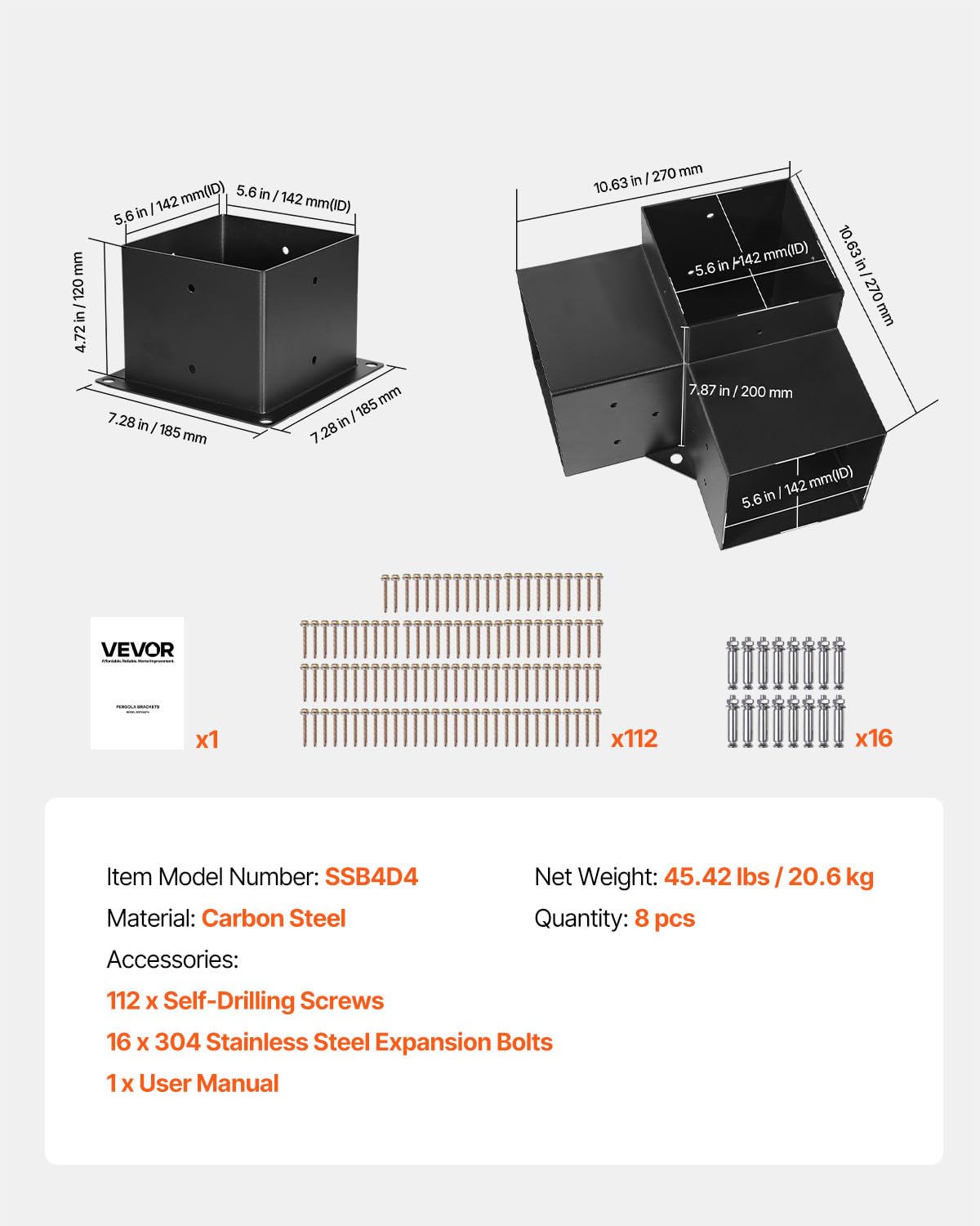 VEVOR Pfostenverbinder, Pfostennecke für 142 x 142 mm Pfosten, inkl. 4 Stk.3-Wege-Hochleistungs-Eckhalterung & 4 Stk. Pfostenträger, Pergola-Halterung-Set für Pavillons, Terrassenpergolen