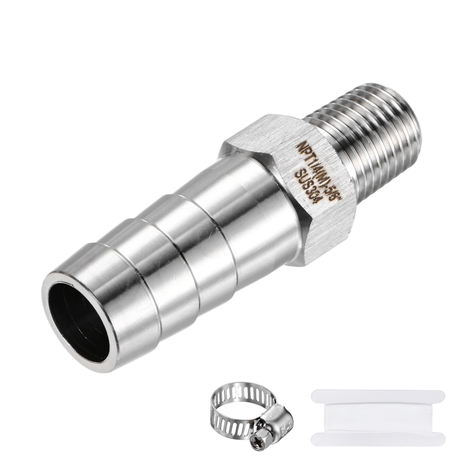 M METERXITY 1-Pack Garden Hose Adapter, 304 Stainless Steel 5/8" Barb x 1/4" NPT Male Threaded Connector with Sealing Tape & Clamp Garden Hose Convert Fitting for Pipe