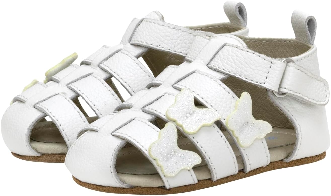 Robeez First Kicks Baby Girl and Unisex Sandals for Infant/Toddlers - 0-24 Months, Mariposa White Leather, 9-12 Months