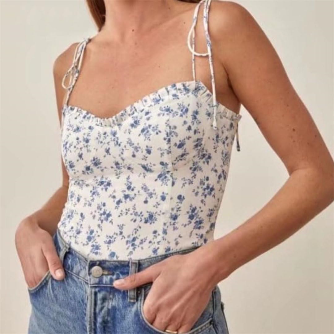 Camiseta sin tirantes con estampado floral azul de verano para mujer, sin tirantes de gasa