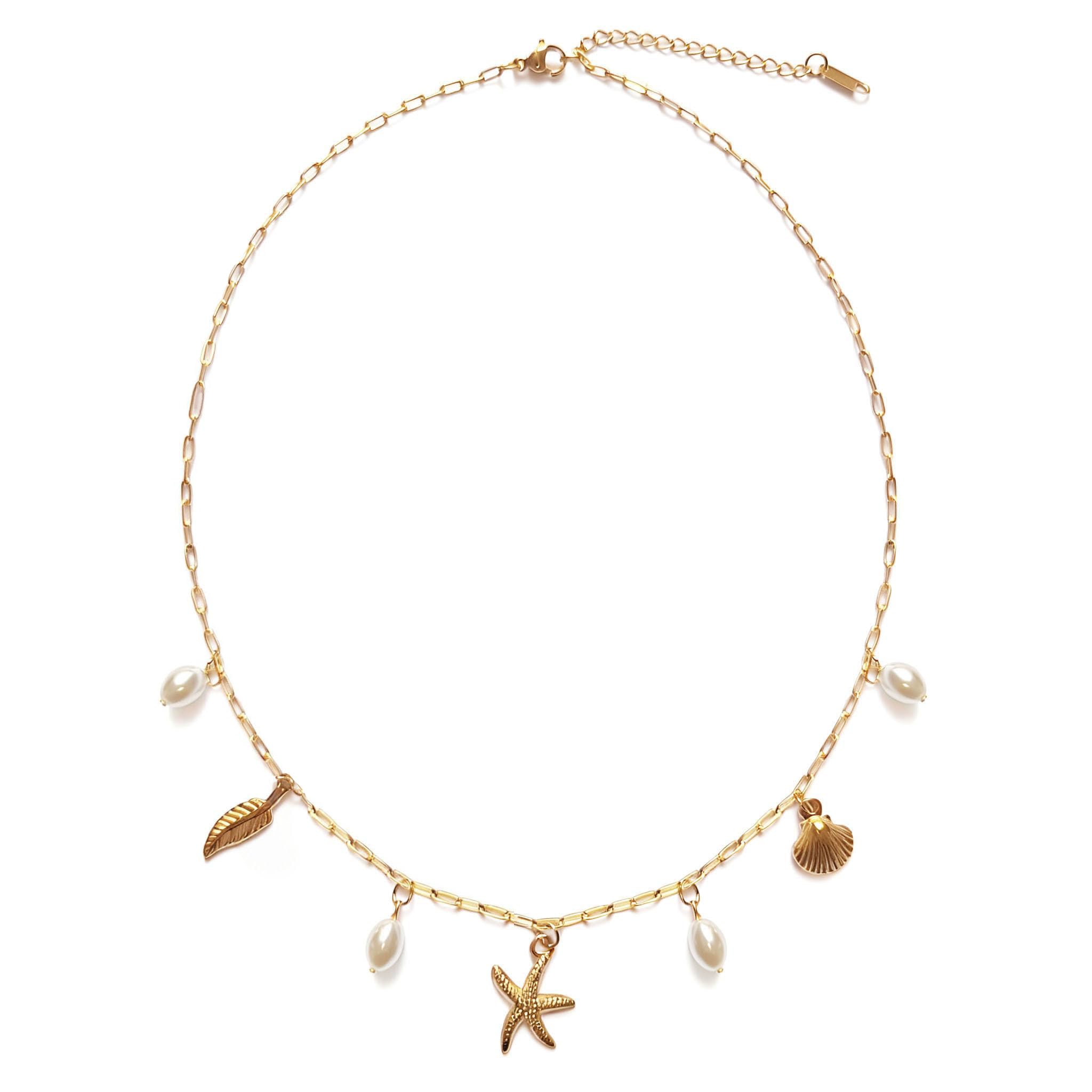 Charm Necklace for Women - Dainty Paperclip Beach Charm Necklace Cute Shell Necklace Moon Star Accessory Beach Cross Hexagram Pendant Preppy Stuff Summer Jewelry for Women