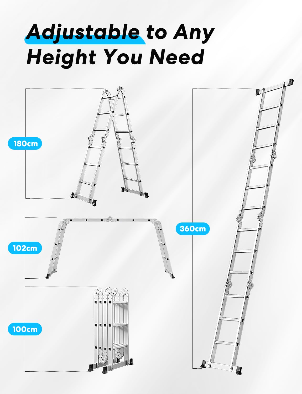 Miscoos Escalera Multifunción de Aluminio 6-en-1, Escalera Articulada Plegable 4x3 con 12 Peldaños, Antideslizante, Robusta, de Trabajo, 3.6 m, Capacidad de 150 kg
