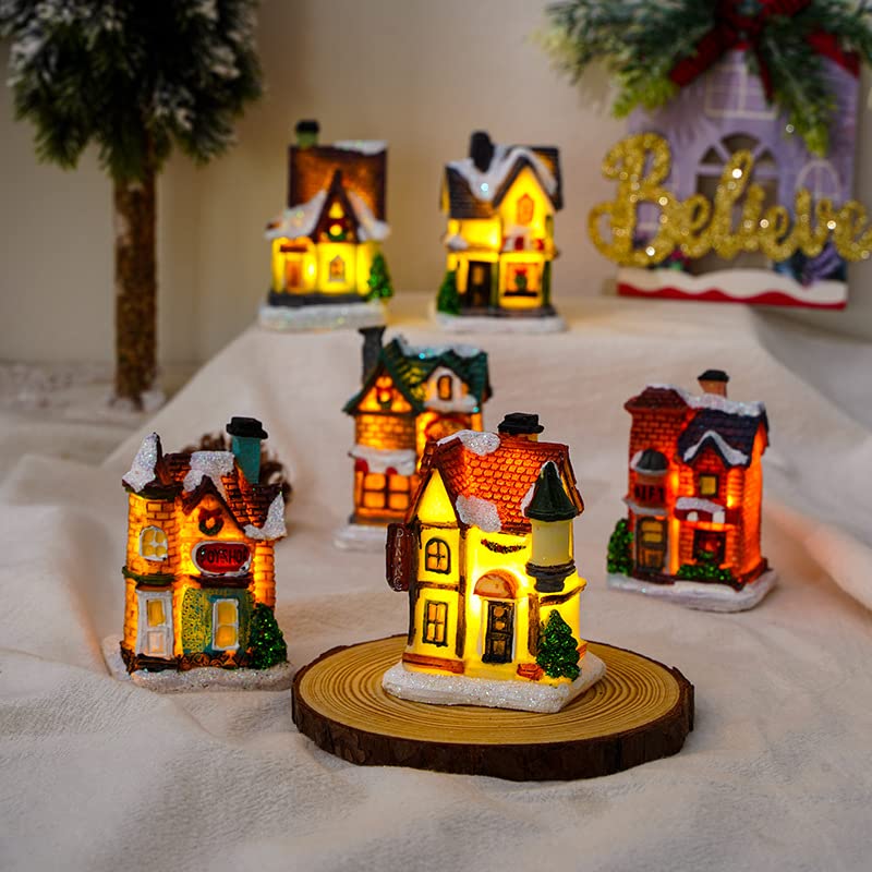 1PCS Christmas Village Set Christmas Village Tree House Snow Christmas Tree with LED Light Christmas Resin Village House Accessories Desktop Tabletop Ornament for Christmas Home Decorations 22E