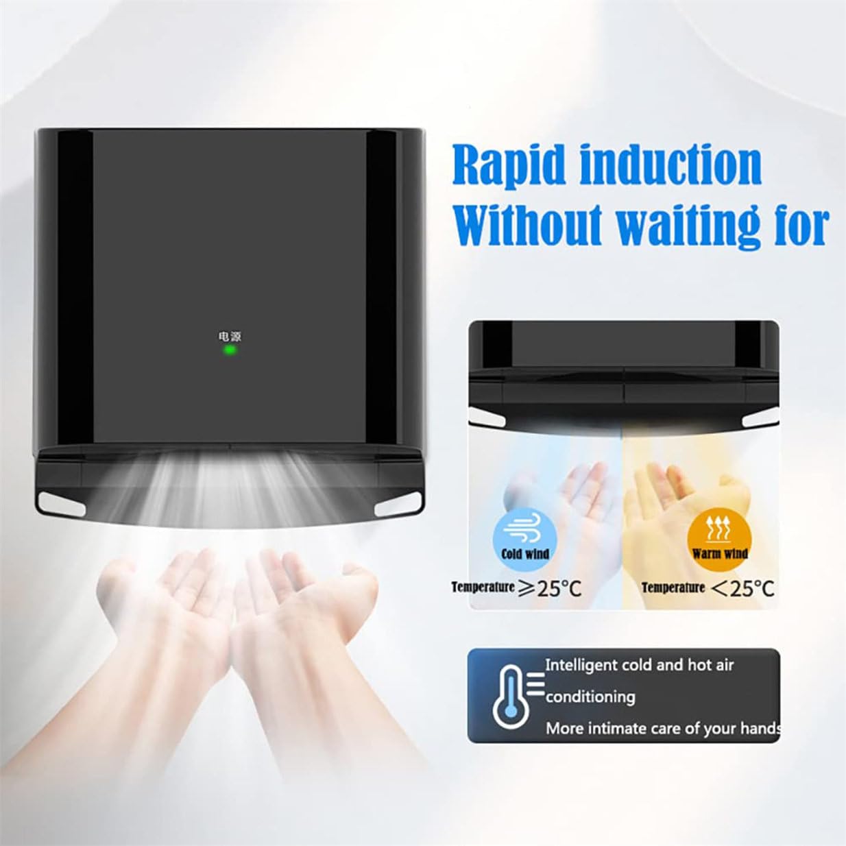 Sèche-Mains électrique, Appareil de séchage des Mains à Induction Automatique Mural 1250 W, sèche-Mains Commercial à économie d'énergie à Grande Vitesse avec Interrupteur Chaud et
