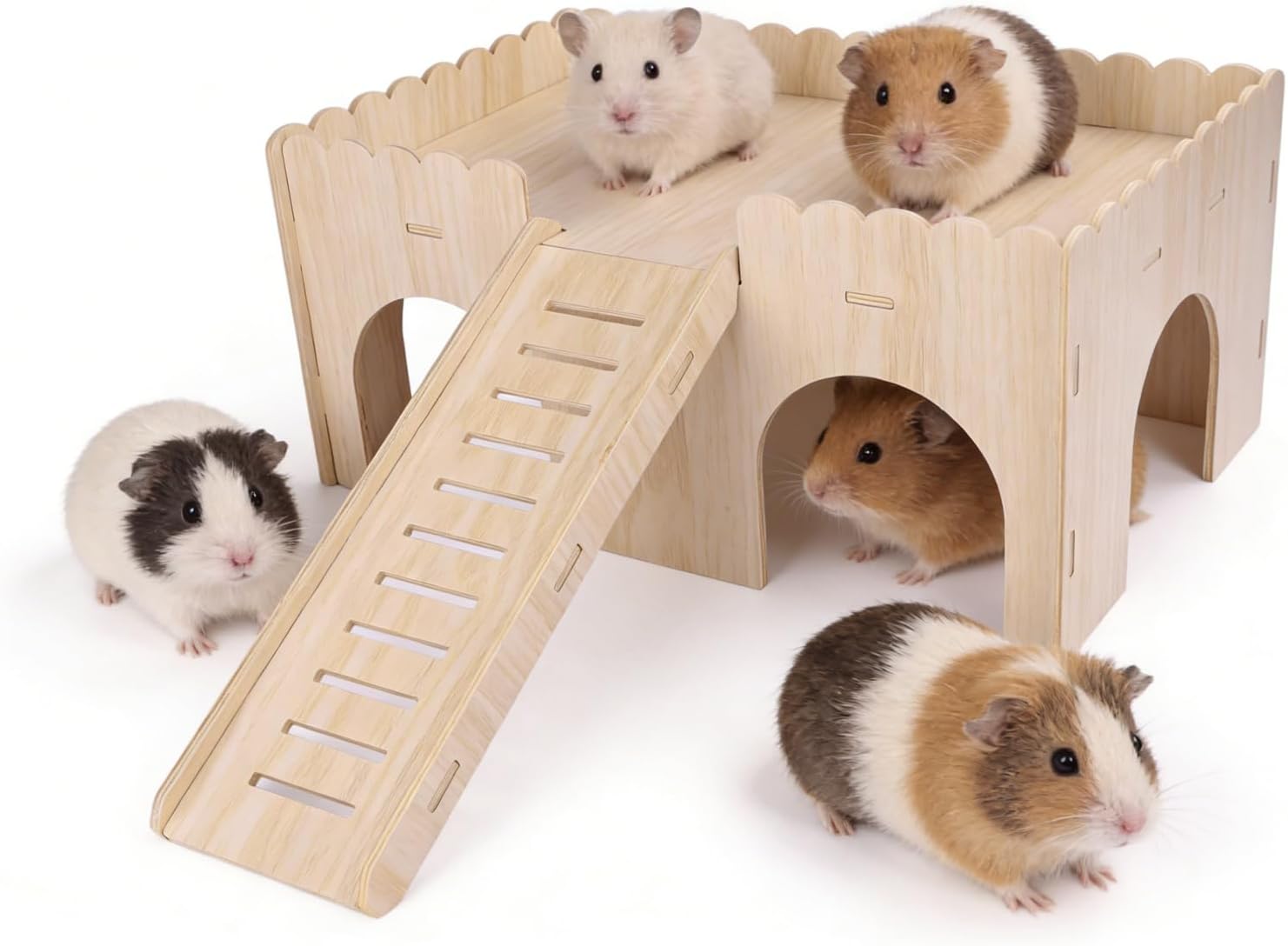 Large Wood Guinea Pig Hideout, 4 Doors Upgraded Guinea Pigs House with Ramp, Easy to Assemble Castle Detachable Small Animal House Bed Hut Habitats for Hamster Hideout/Rabbit/Chinchilla Hideout