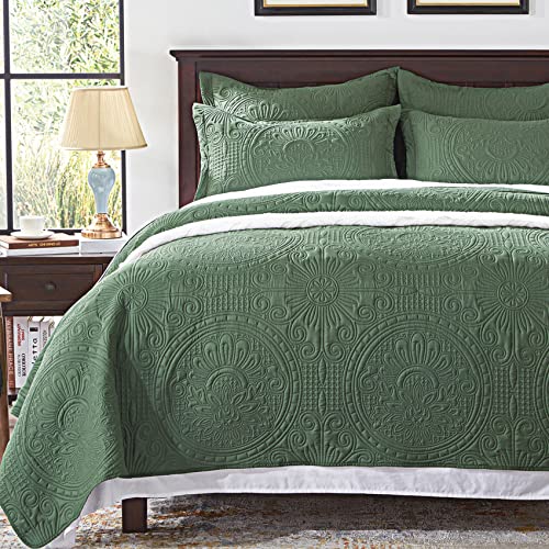 Anluoer Quilt Queen Size Bedding Set-Olive Green Embossed, Bedspreads-Lightweight Summer Soft Microfiber Bedspread, Bed Coverlet For All Seasons (1 Quilt, 2 Pillow Shams) #TOP15