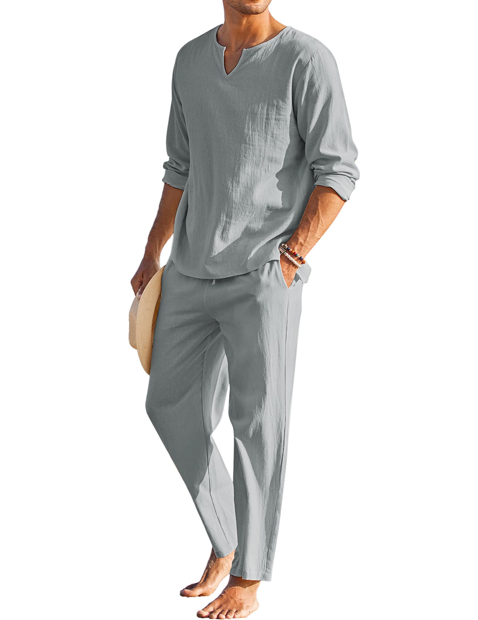 coofandy Men's Cotton Pajamas Set Casual 2 Pieces Long Sleeve Henley Neck Shirts and Long Pants for Summer,Beach,Yaga,Home-picture-17