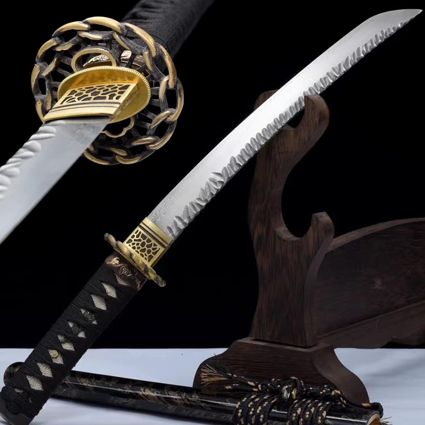 HERO SWORD-Handmade Damascus Folded Steel Stone Pattern Blade Tanto Full Tang Sharp Fighting Japanese Samurai Sword Copper Tsuba,Kashira