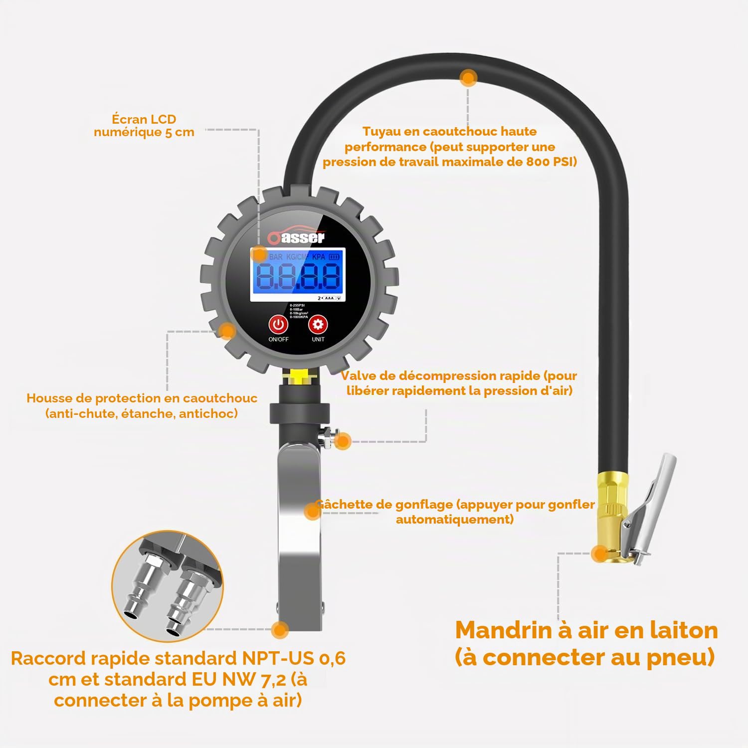 Oasser Manomètre Pression Pneu, Gonfleur Pneu Numérique Manometre Compresseur