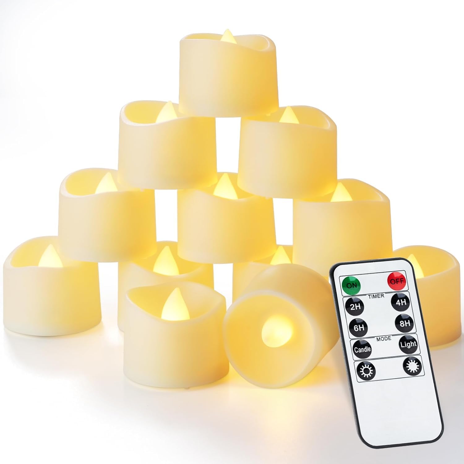 Homemory Pack of 12 Remote Control Tea Lights with Timer, Tea Lights Battery with Remote Control, Flameless Candles, 2/4/6/8H Timer, Ideal for Christmas, Wedding, Party, Warm White Lights