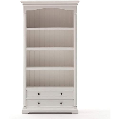 NovaSolo Provence Pure White Mahogany Wood Bookcase With 4 Shelves And 2 Drawers
