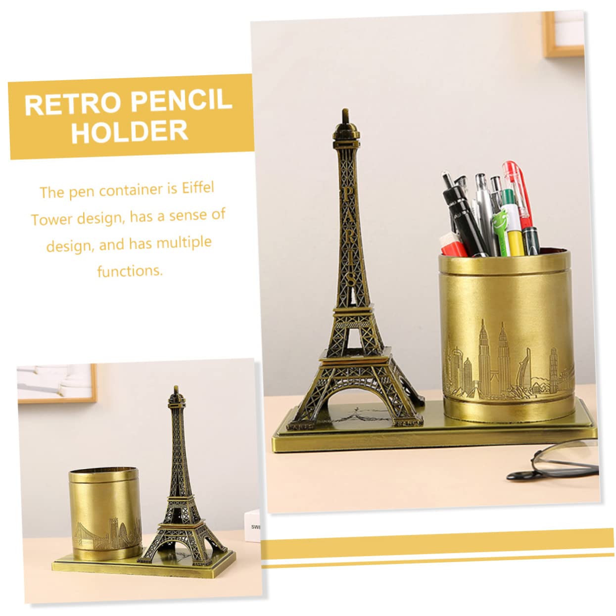 Portalápices Metálico Torre Eiffel Retro para Escritorio y Tocador | Organizador Multiuso para Lápices y Objetos Pequeños, Resistente al Desgaste, Pieza Decorativa de Mesa