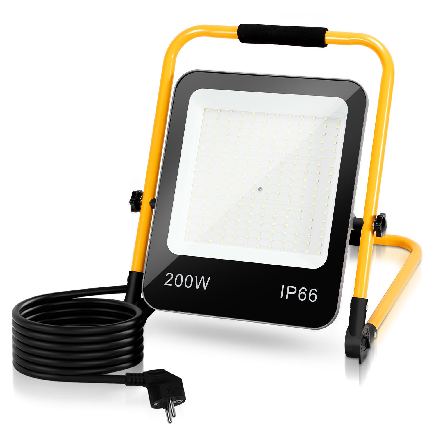 Ikodm Reflektor budowlany LED, 200 W, 16 000 lm, lampa robocza LED z wtyczką i kablem 3M, wodoszczelność IP66, przenośny reflektor roboczy, 6000 K, zimna biel, reflektor budowlany, składany stojak