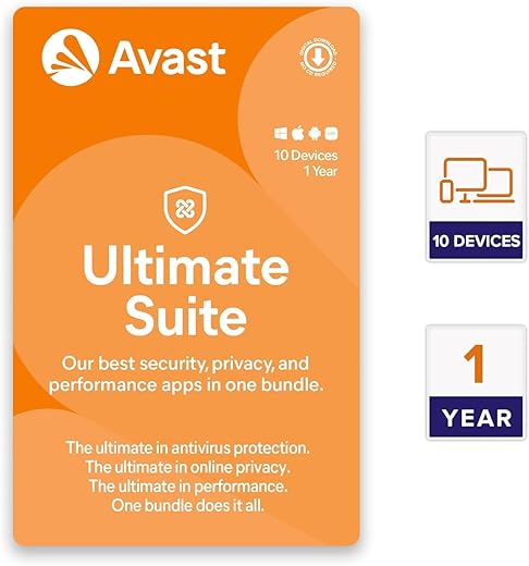 Avast Ultimate Suite Multi-Device (Total Security Suite, Cleaner & AntiTracker) (PC, Mac, Android & iOS) (10 Devices | 1 Year) (Email Delivery in 2…