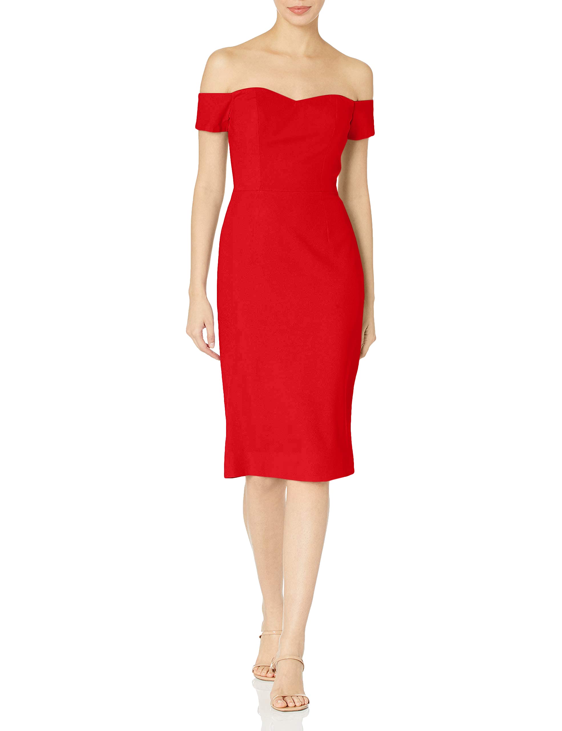 Dress the Population Women's Bailey Off The Shoulder Sweetheart Bodycon Midi Sheath Dress, Rouge, X-Small